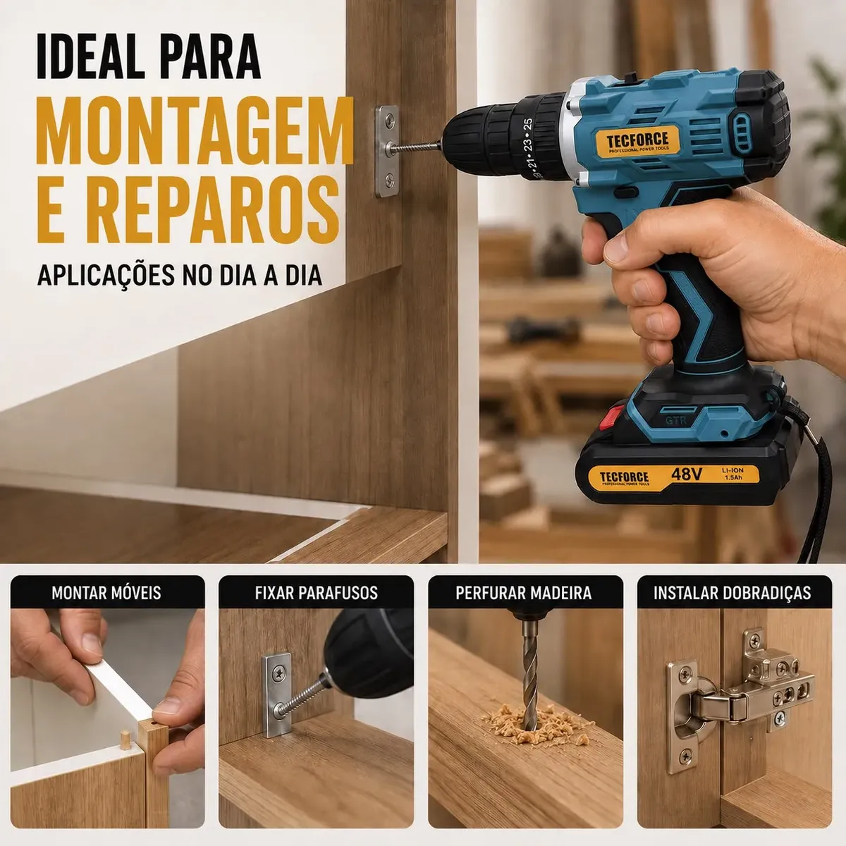 Furadeira azul Tecforce em aplicação de montagem e reparos